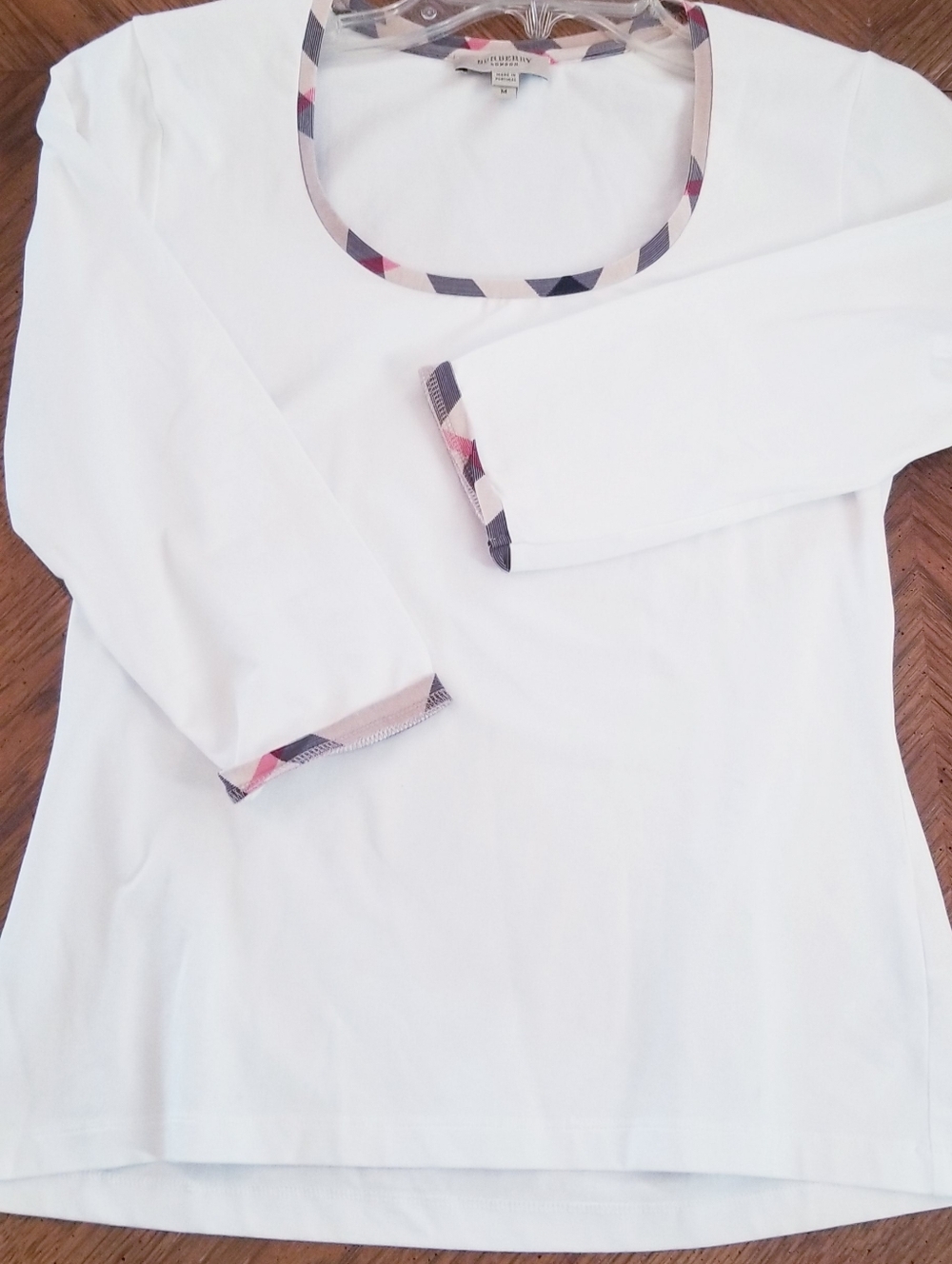 Burberry London White Cotton Top Nova Check Trim 3/4 Sleeve Size M - Picture 2 of 16